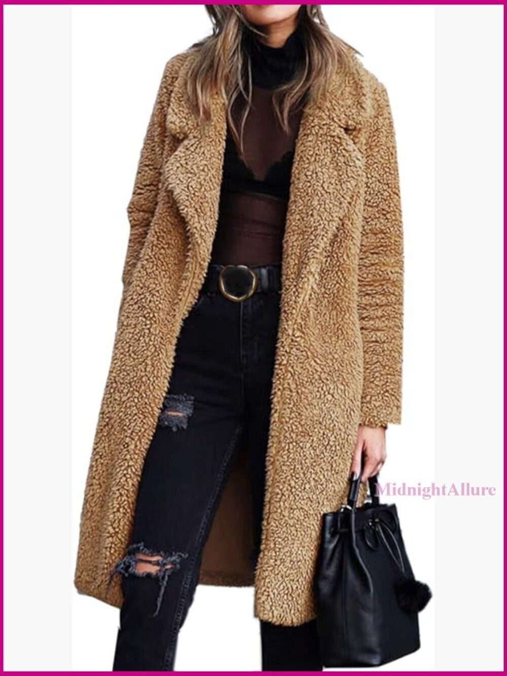 Faux Fur Lapel Long Cardigan Coat, Fuzzy Fleece Winter Jacket